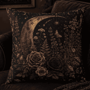 Moonlit Nocturne Garden throw pillow featuring an ornate crescent moon surrounded by deep purple roses, lavender, wildflowers, crystals, butterflies, and celestial stars in a gothic botanical witchcore design.