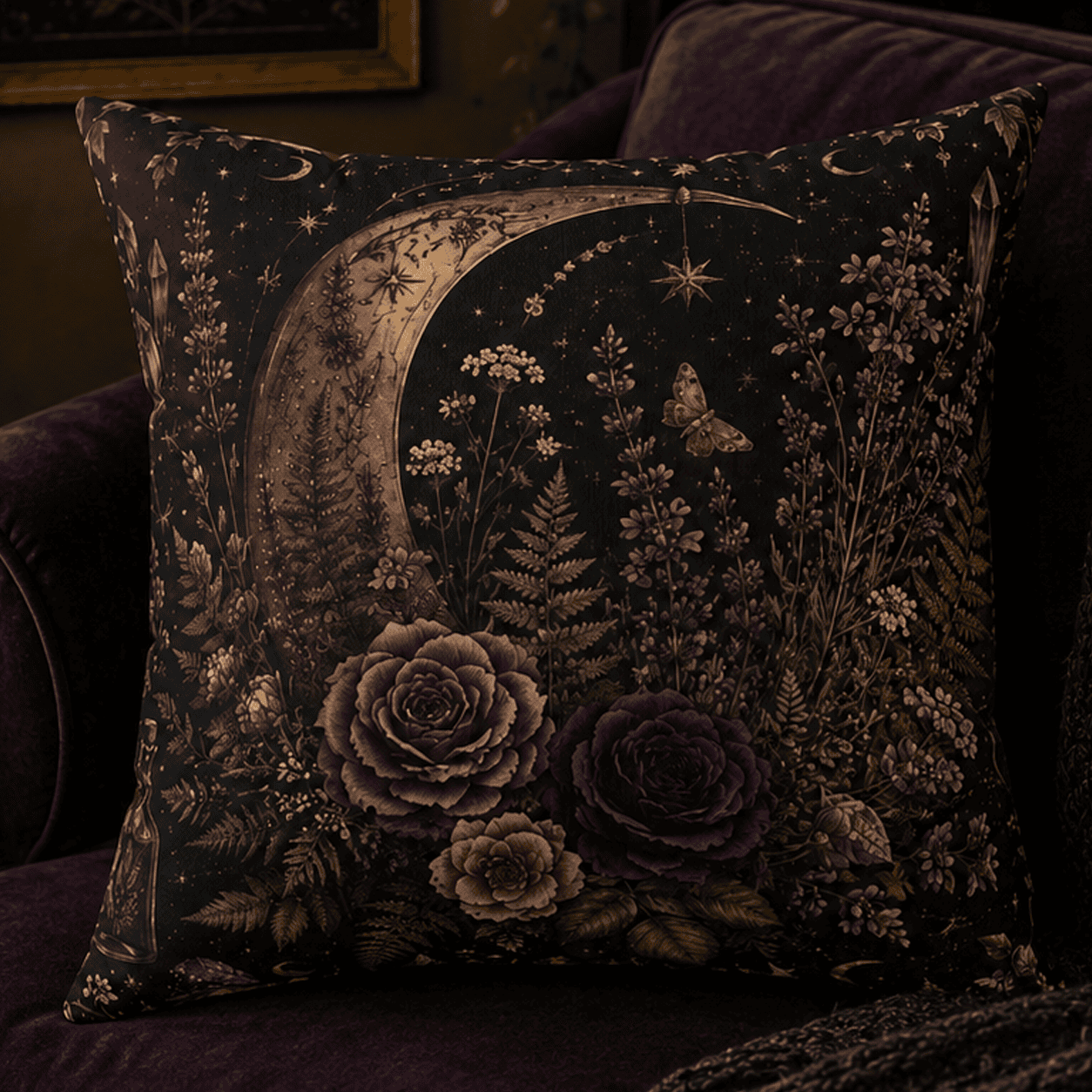 Moonlit Nocturne Garden throw pillow featuring an ornate crescent moon surrounded by deep purple roses, lavender, wildflowers, crystals, butterflies, and celestial stars in a gothic botanical witchcore design.