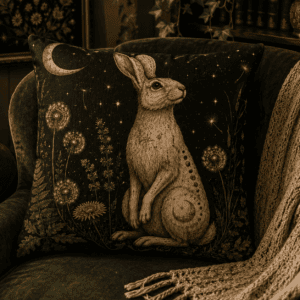 Moonlit Hare Familiar throw pillow featuring a mystical moon hare beneath a crescent moon surrounded by dandelions, wild botanicals, stars, and celestial details in a woodland witchcore aesthetic.