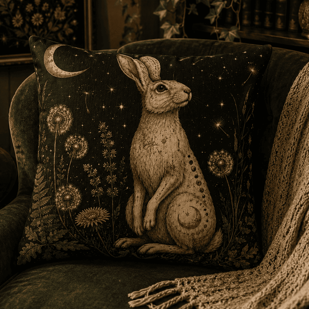 Moonlit Hare Familiar throw pillow featuring a mystical moon hare beneath a crescent moon surrounded by dandelions, wild botanicals, stars, and celestial details in a woodland witchcore aesthetic.