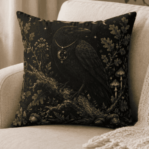 Moonshadow Raven throw pillow featuring a majestic black raven wearing a crescent moon pendant perched on a moss-covered branch surrounded by oak leaves, acorns, woodland mushrooms, and a star-filled night sky in a witchcore aesthetic.