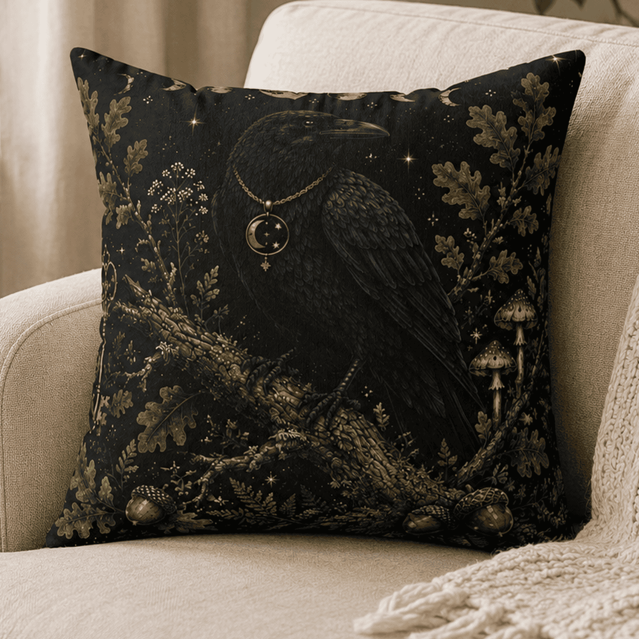 Moonshadow Raven throw pillow featuring a majestic black raven wearing a crescent moon pendant perched on a moss-covered branch surrounded by oak leaves, acorns, woodland mushrooms, and a star-filled night sky in a witchcore aesthetic.