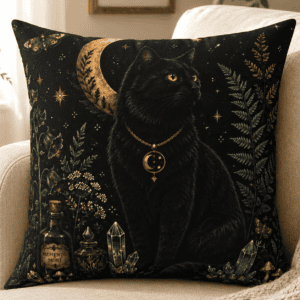 Midnight Familiar throw pillow featuring an elegant black cat wearing a crescent moon pendant surrounded by crystals, botanical herbs, vintage apothecary bottles, and celestial night sky in a witchcore cottage aesthetic.