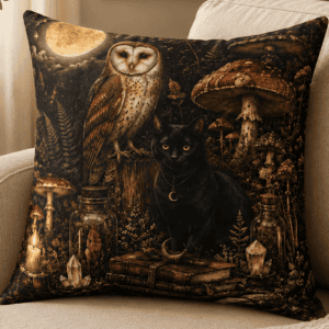 Forest Familiars throw pillow featuring a black cat and barn owl surrounded by woodland mushrooms, crystals, spell books, candles, and moonlit botanicals in a cozy witchcore forest scene.