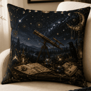 Midnight Stargazer's Study throw pillow featuring a vintage brass telescope beneath a star-filled night sky with celestial charts, astrolabes, raven, crystals, moon phases, and mystical botanical details in a dark academia witchcore style.