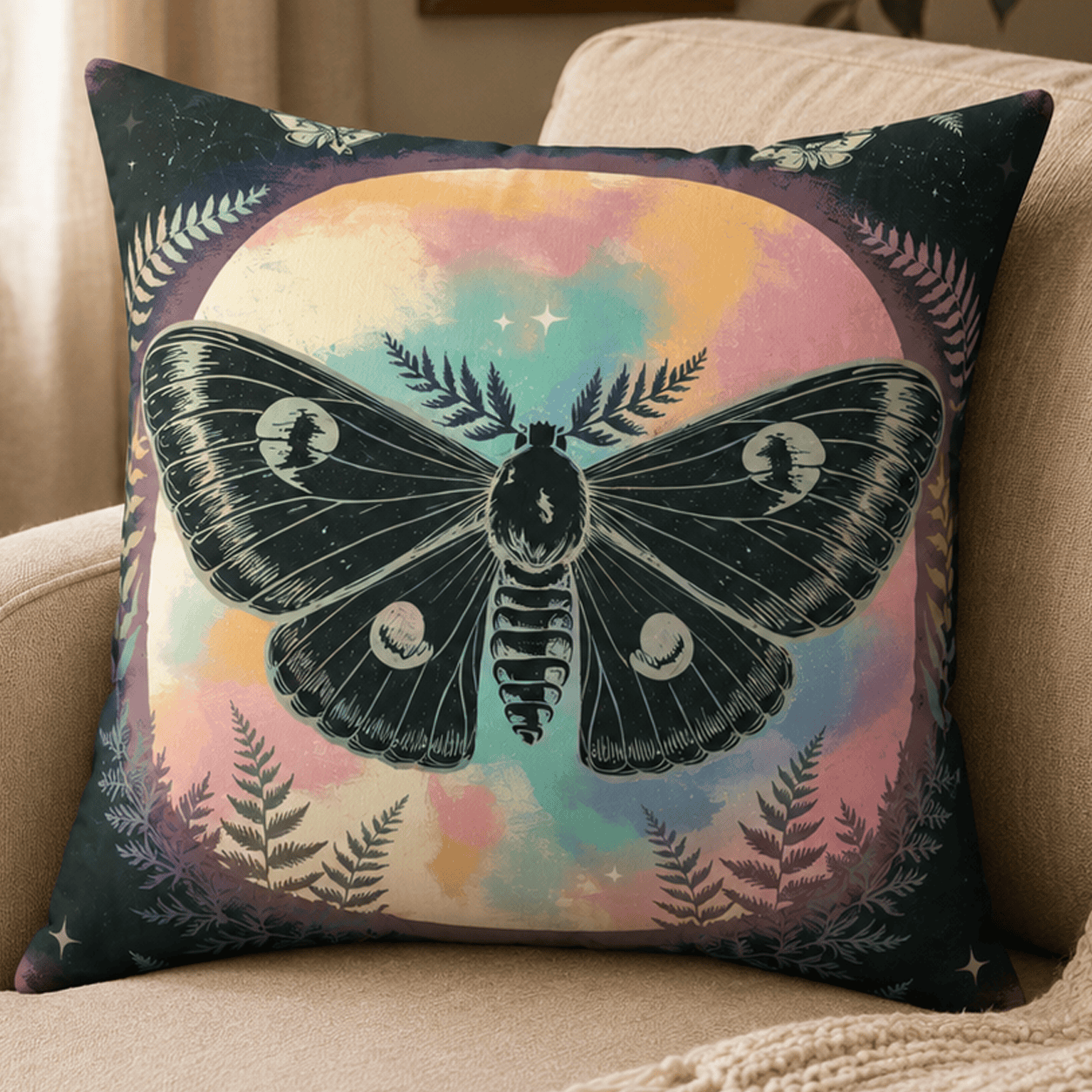 Colorful Lunar Prism Moth throw pillow featuring a black lunar moth with moon phase wing markings against a dreamy pastel celestial sky framed by botanical ferns and stars in a witchcore aesthetic.