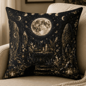 Moonlit Stone Circle throw pillow featuring an ancient standing stone circle beneath a glowing full moon with crystals, candles, celestial symbols, and a black cat in a mystical witchcore landscape.