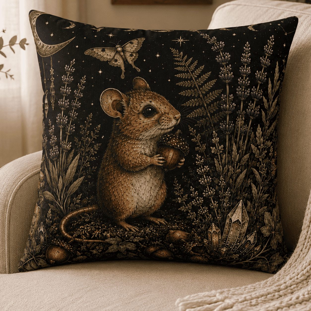 Moonlit Mouse Familiar throw pillow featuring a woodland mouse holding an acorn, surrounded by lavender, crystals, ferns, and celestial moonlit details in a witchcore cottagecore home decor style.