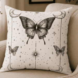 Celestial Butterfly throw pillow featuring a vintage butterfly surrounded by crescent moons, stars, and celestial accents in a minimalist witchcore and botanical home decor style