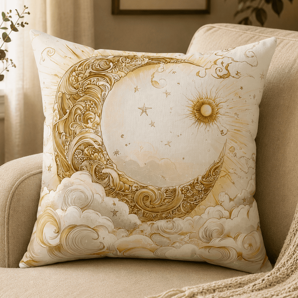 The Gilded Crescent Moon Throw Pillow