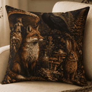 Woodland Familiars throw pillow featuring a red fox, raven, woodland hare, forest mushrooms, and botanical details in a witchcore cottagecore home decor style.