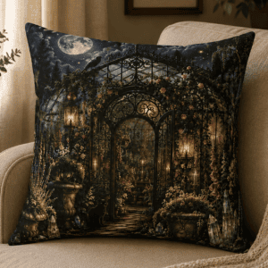Moonlit Enchanted Greenhouse throw pillow featuring a Victorian glass greenhouse, blooming botanicals, lanterns, a black cat, crystals, and a full moon in a witchcore garden home decor style.