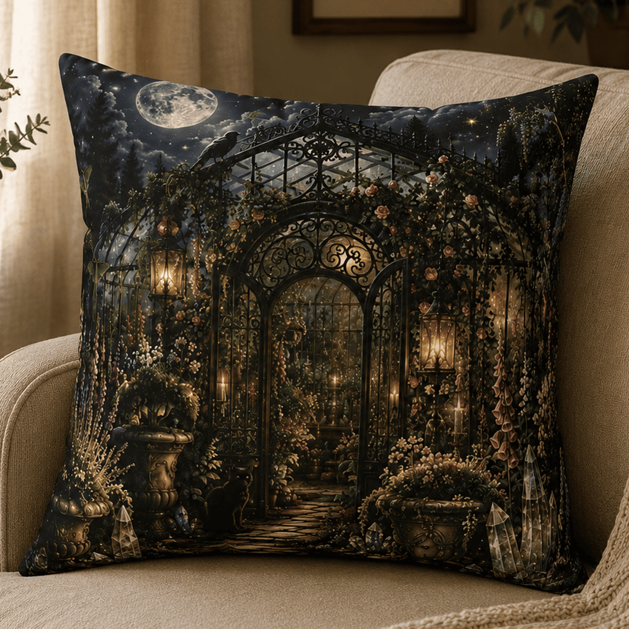 Moonlit Enchanted Greenhouse throw pillow featuring a Victorian glass greenhouse, blooming botanicals, lanterns, a black cat, crystals, and a full moon in a witchcore garden home decor style.