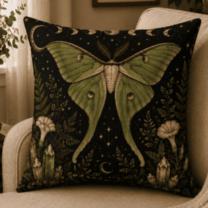 Moonlit Lunar Moth throw pillow featuring a celestial luna moth with moon phases, crystals, wildflowers, and botanical details in a witchcore and cottagecore home decor style.