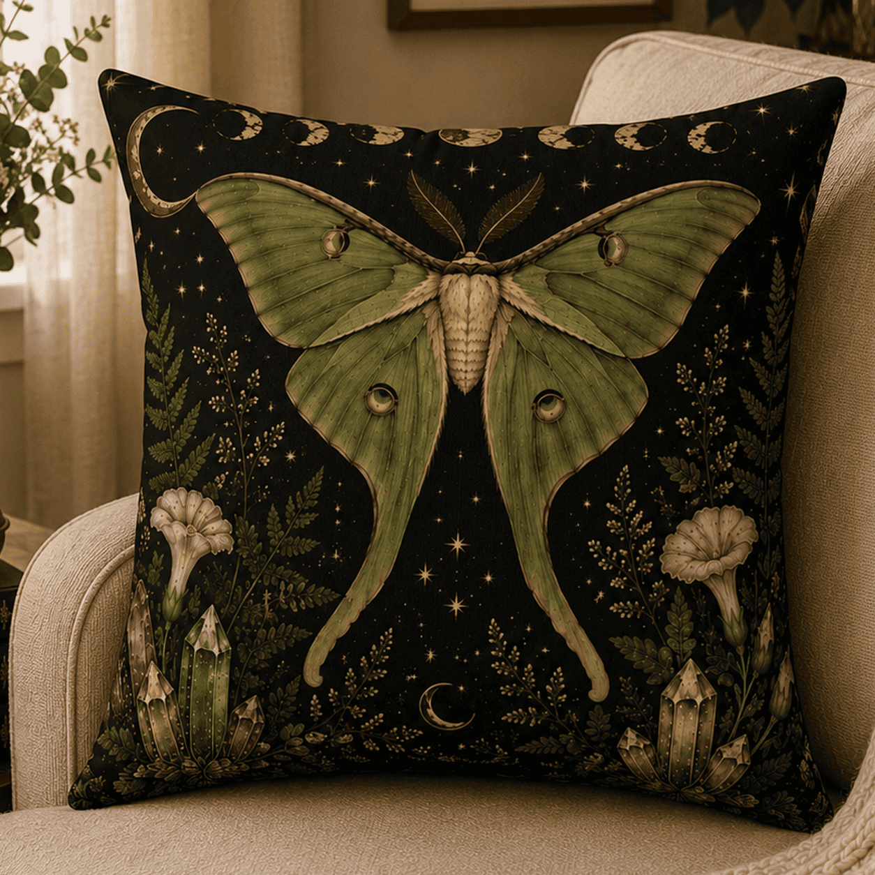 Moonlit Lunar Moth throw pillow featuring a celestial luna moth with moon phases, crystals, wildflowers, and botanical details in a witchcore and cottagecore home decor style.