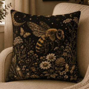 Moonlit Honey Bee throw pillow featuring a vintage honey bee surrounded by wildflowers, butterflies, crystals, crescent moon, and celestial stars in a botanical witchcore home decor style.