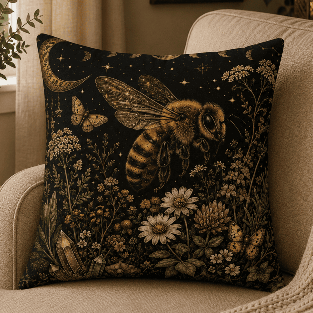 Moonlit Honey Bee throw pillow featuring a vintage honey bee surrounded by wildflowers, butterflies, crystals, crescent moon, and celestial stars in a botanical witchcore home decor style.