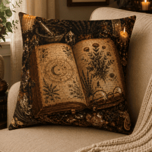 Inspired by ancient grimoires and herbal wisdom, The Witch's Grimoire throw pillow combines botanical studies, crystal magic, candlelight, and vintage apothecary charm.