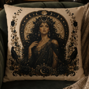 Art Nouveau throw pillow featuring Nyx, the Greek goddess of the night, adorned with moon phases, ravens, celestial stars, and botanical details for gothic and witchcore home decor.