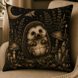 Moonlit Hedgehog Familiar throw pillow featuring a woodland hedgehog surrounded by mushrooms, crystals, lavender, ferns, and a crescent moon in a witchcore cottagecore home decor style.