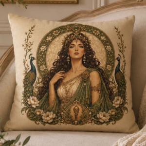 Art Nouveau throw pillow featuring Hera, the Greek Queen of Olympus, adorned with peacocks, white blossoms, emerald jewels, and classical botanical details for mythology-inspired home decor.