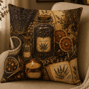 Herbal Apothecary throw pillow featuring vintage apothecary jars filled with lavender and thyme, dried citrus, herbs, botanical journals, and a candle for witchcore kitchen and cottagecore home decor.