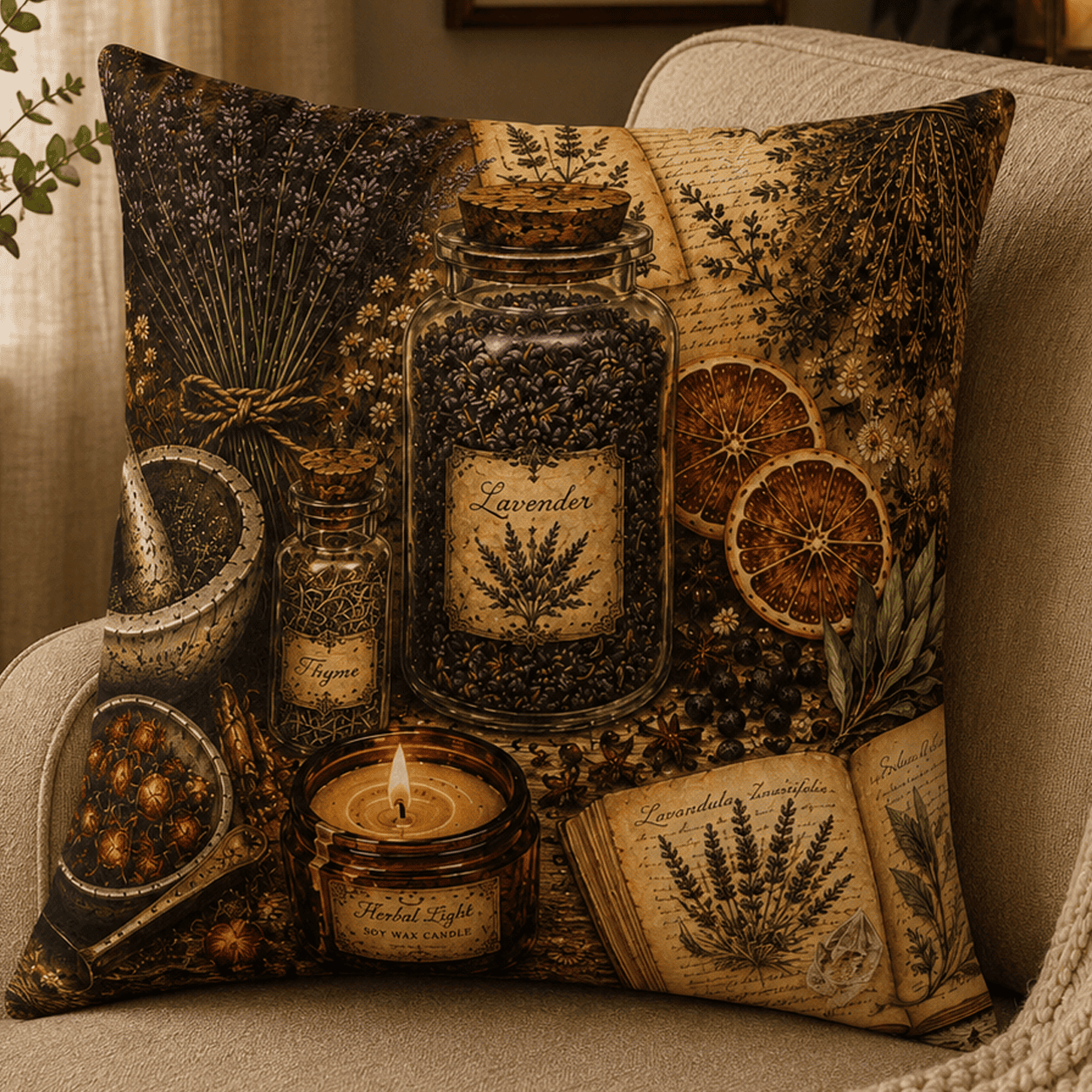 Herbal Apothecary throw pillow featuring vintage apothecary jars filled with lavender and thyme, dried citrus, herbs, botanical journals, and a candle for witchcore kitchen and cottagecore home decor.