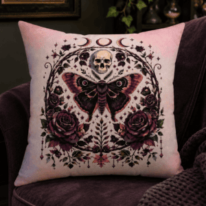 Midnight Death's-Head Moth throw pillow featuring a death's-head moth, vintage skull, moon phases, dark roses, and botanical details in a gothic witchcore home decor style.