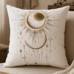 Celestial Eclipse throw pillow featuring a radiant solar eclipse, crescent moon, and golden celestial stars in a minimalist celestial design for modern witchcore home decor.