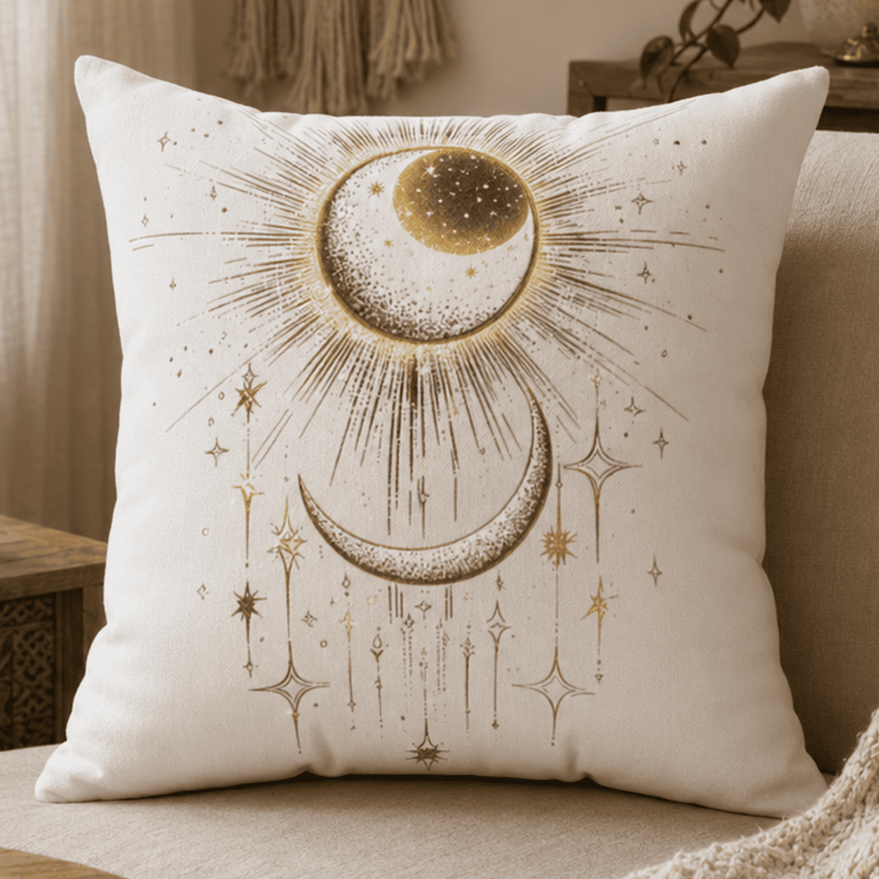 Celestial Eclipse throw pillow featuring a radiant solar eclipse, crescent moon, and golden celestial stars in a minimalist celestial design for modern witchcore home decor.