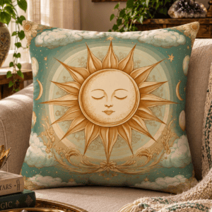 Celestial Solstice Sun throw pillow featuring a serene golden sun surrounded by moon phases, clouds, stars, and celestial details in a vintage celestial home decor style.