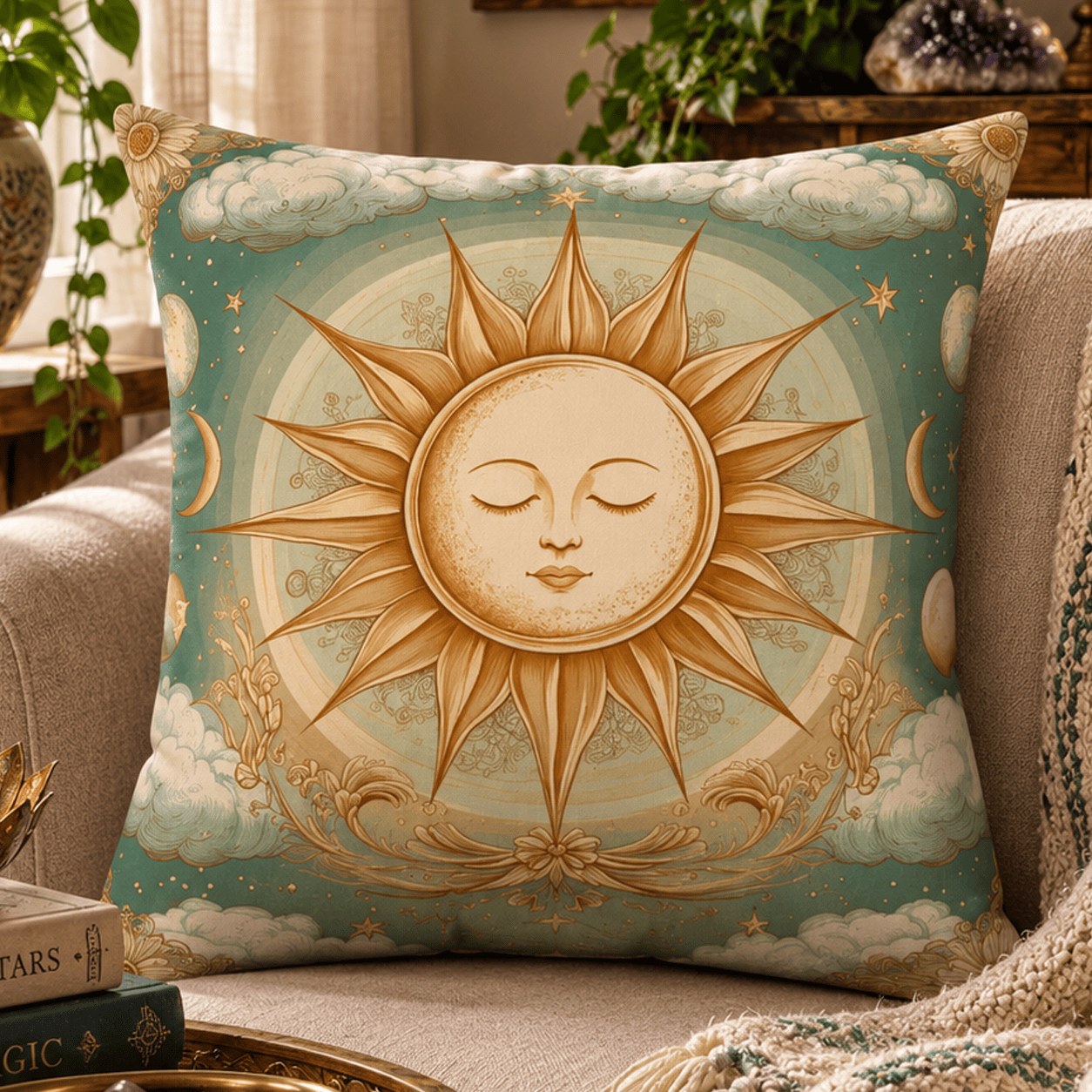 Celestial Solstice Sun throw pillow featuring a serene golden sun surrounded by moon phases, clouds, stars, and celestial details in a vintage celestial home decor style.