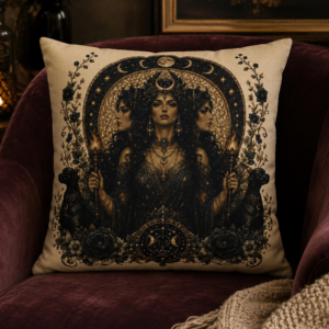 Art Nouveau throw pillow featuring Hecate, the Greek goddess of magic and the crossroads, holding twin torches with black hounds, moon phases, and celestial motifs for witchcore home decor.