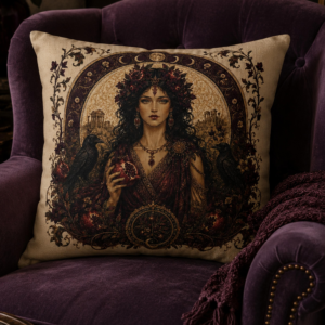 Art Nouveau throw pillow featuring Persephone, the Greek goddess and Queen of the Underworld, holding a pomegranate with ravens, moon phases, and botanical details for gothic and witchcore home decor.