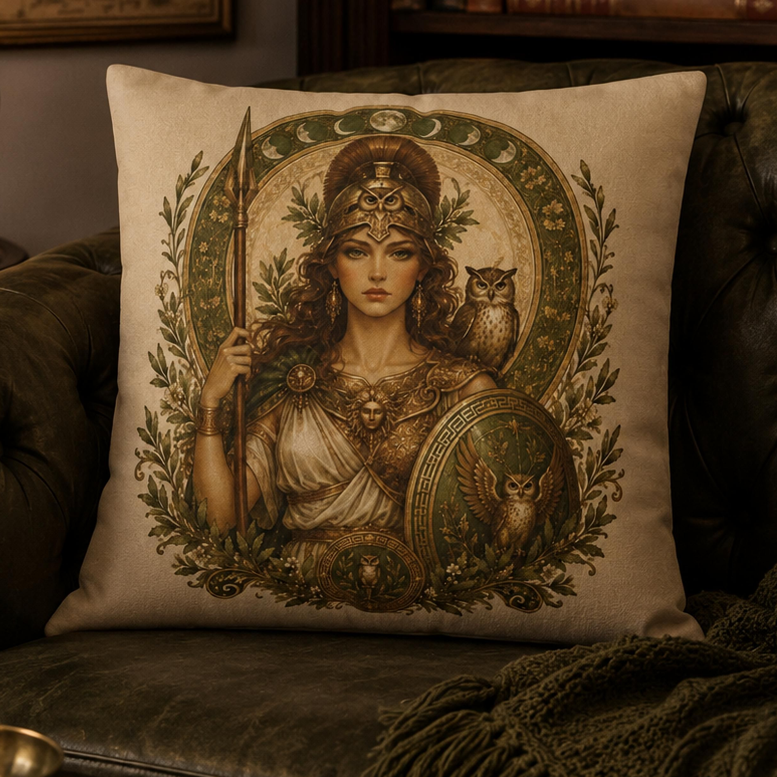 Art Nouveau throw pillow featuring Athena, the Greek goddess of wisdom, wearing a Corinthian helmet with a spear, owl, and shield surrounded by olive branches for mythology-inspired home decor.