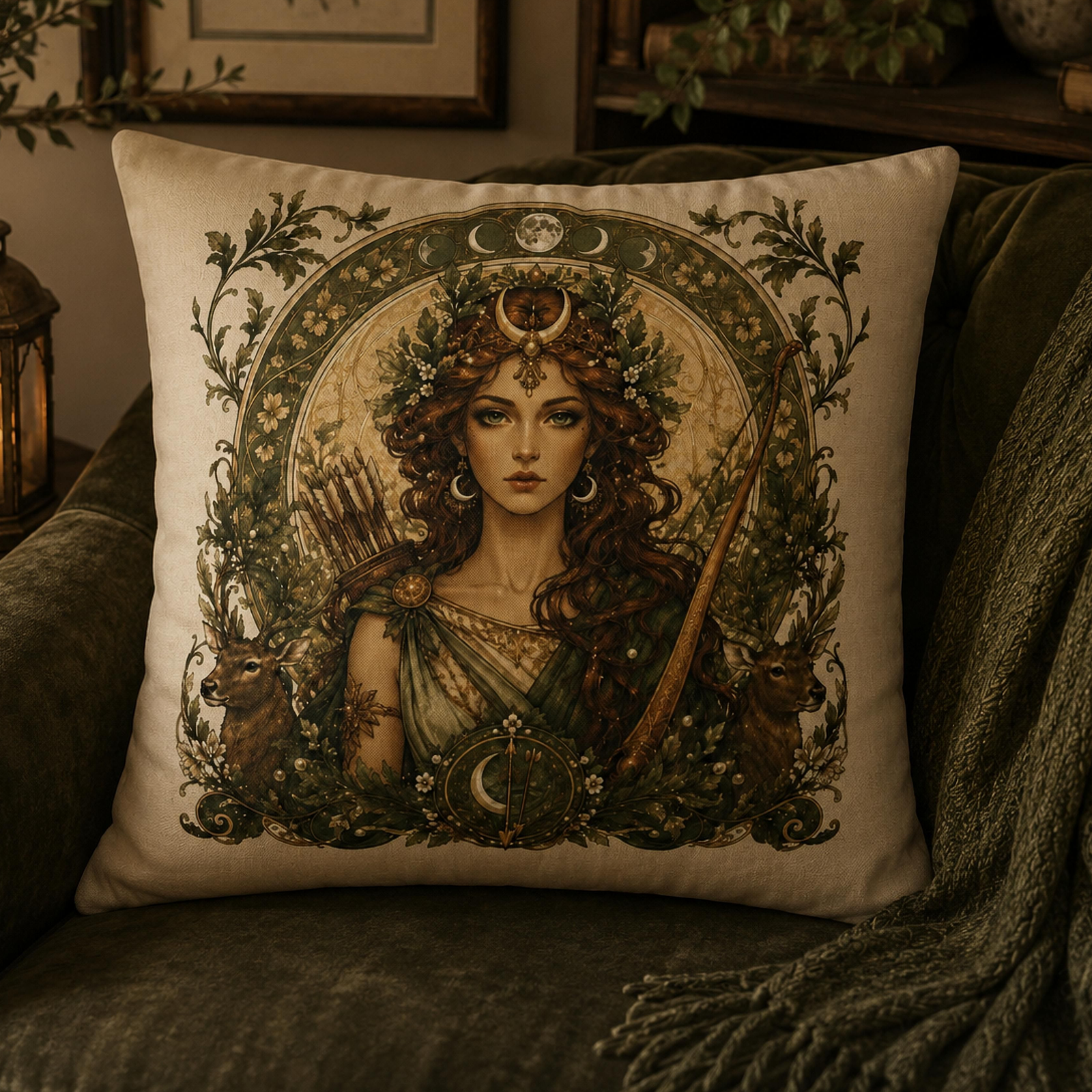 Art Nouveau throw pillow featuring Artemis, the Greek goddess of the hunt, with a bow, quiver of arrows, woodland deer, crescent moon, and botanical details for witchcore and cottagecore home decor.