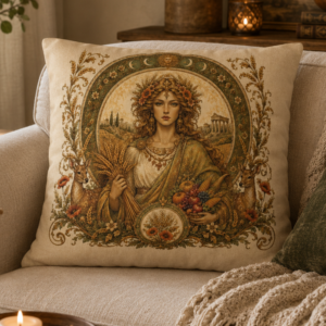 Art Nouveau throw pillow featuring Hestia, the Greek goddess of the hearth and home, surrounded by harvest botanicals, woodland deer, and classical motifs for cottagecore and witchcore home decor.