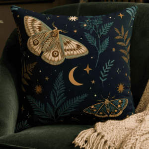 Luna Botanica throw pillow featuring celestial moths, moonlit botanicals, stars, and a crescent moon in a vintage witchcore and dark academia home decor style.
