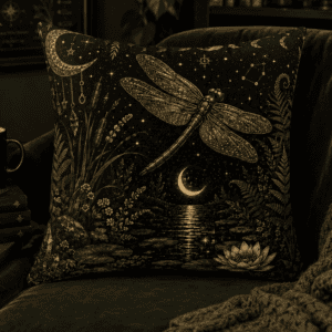 Moonlit dragonfly throw pillow featuring a celestial dragonfly, crescent moon, water lilies, and botanical details in a witchcore-inspired home decor style.