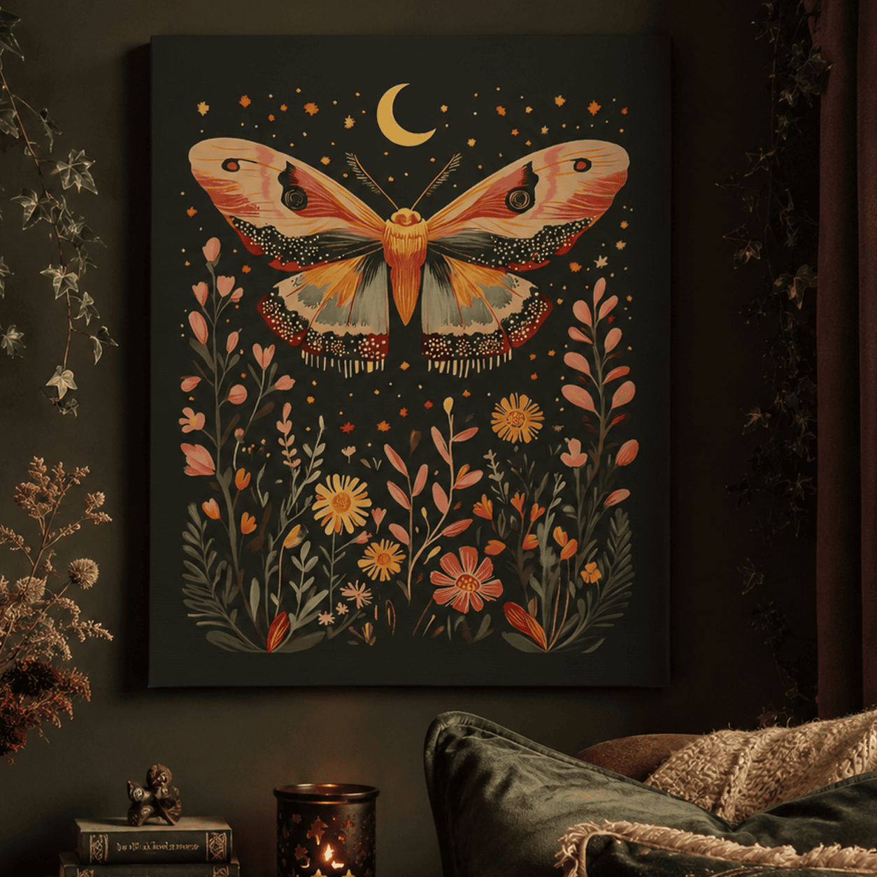 Moonlit Moth Meadow Canvas