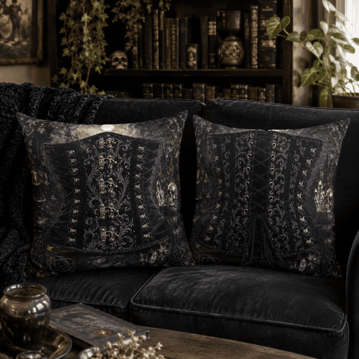 Midnight Gothic Corset Throw Pillow