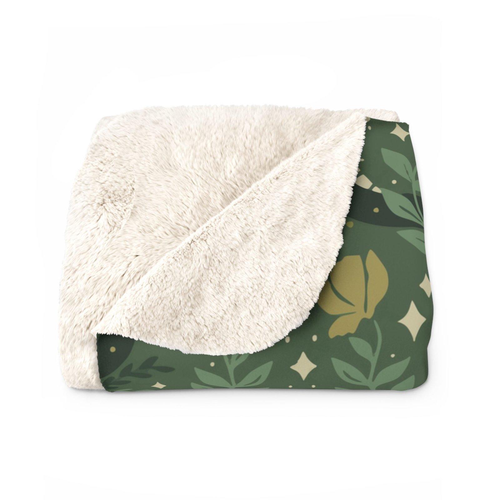 Dark green witchcore fleece blanket featuring an elegant repeating pattern of serpents, crescent moons, bees, wildflowers, and botanical motifs in a vintage folk art style.