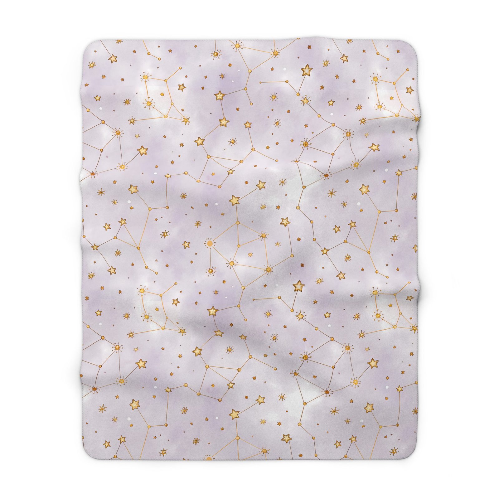 Soft lavender fleece blanket featuring delicate golden constellations and twinkling stars on a dreamy celestial background.