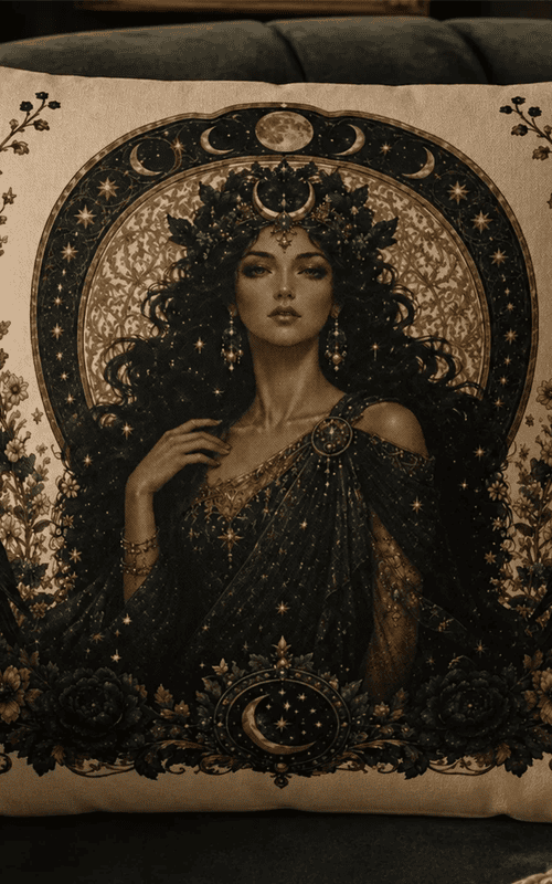 Art Nouveau throw pillow featuring Nyx, the Greek goddess of the night, surrounded by celestial moon phases and botanical details in a witchcore home decor style.