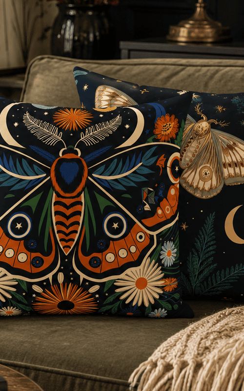 Two Bugs & Botanica collection throw pillows featuring vibrant luna moths, botanical illustrations, celestial details, and woodland-inspired artwork styled on a moss green velvet sofa in a cozy cottage gothic living room by Haus of Moggie.