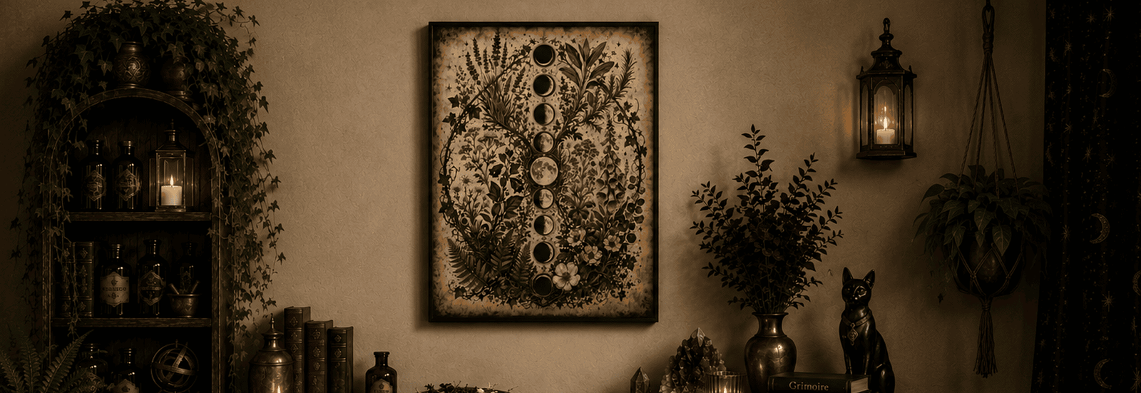 Haus of Moggie witchcore wall art collection featuring botanical moon phase canvas in a cozy apothecary-inspired room
