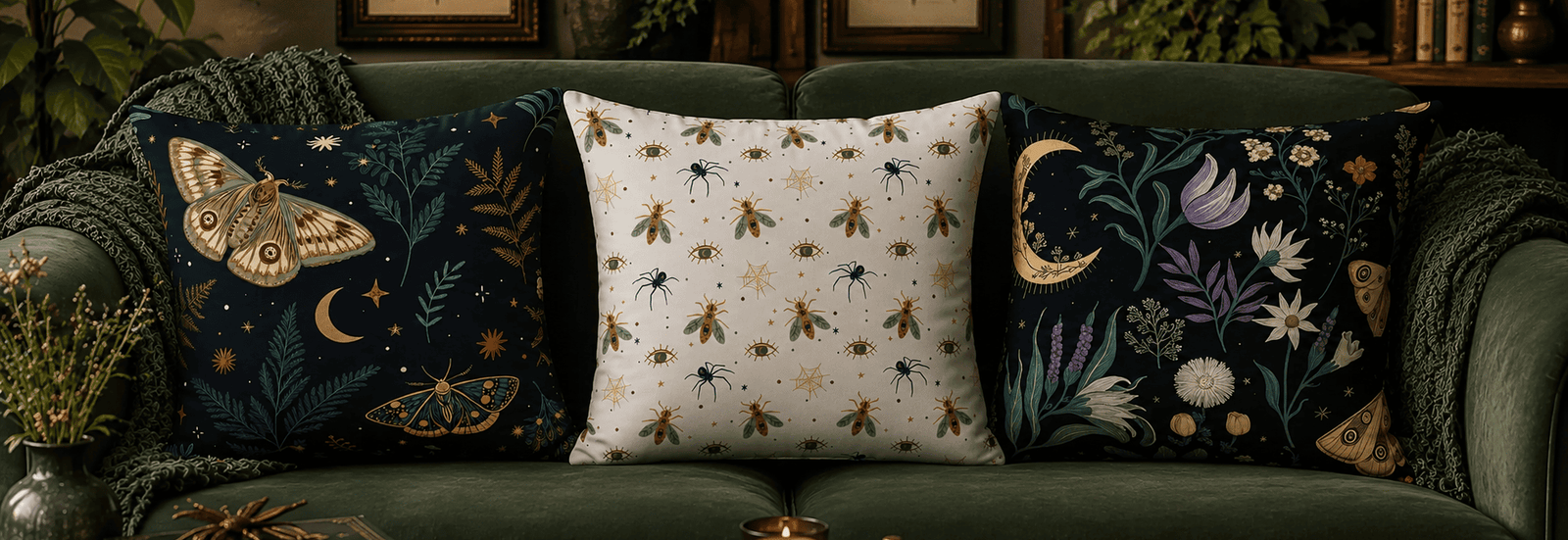 Dark cottagecore throw pillows with bees, moths, botanicals, moons, and celestial motifs displayed in a cozy vintage living room.