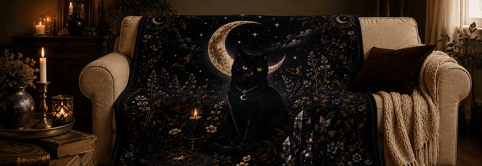 Moonlit Grove Collection black cat throw blanket displayed on a cozy couch in a witchcore-inspired living room.