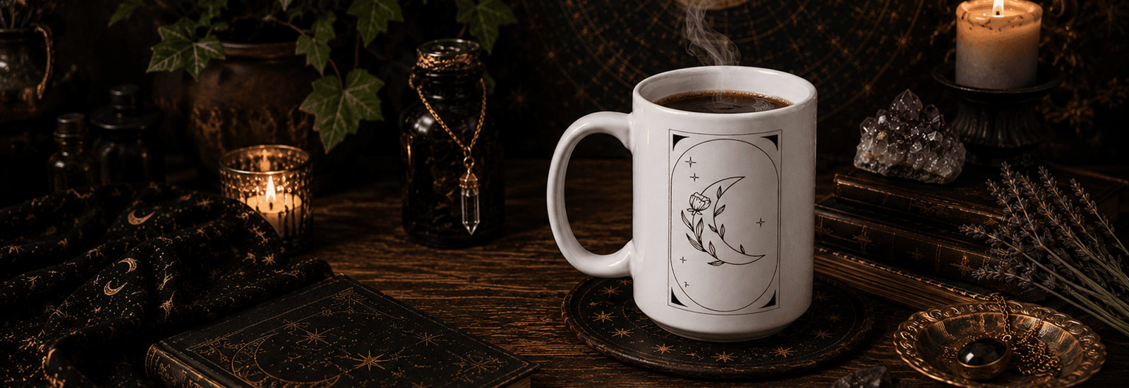 White ceramic tarot-inspired mug with steaming coffee styled in a cozy witchcore setting surrounded by candles, crystals, vintage books, and botanical accents for the Haus of Moggie mug collection banner.
