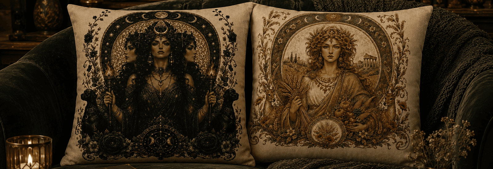 Luxury witchcore throw pillows with Hecate and Hestia artwork styled in a warm dark cottagecore interior.